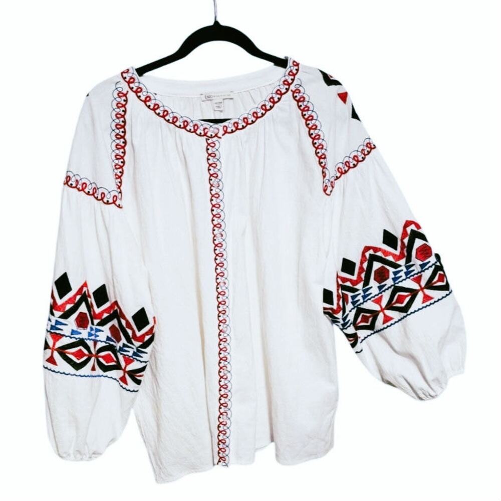 Embroidered Peasant Blouse - White with Red & Black Detail